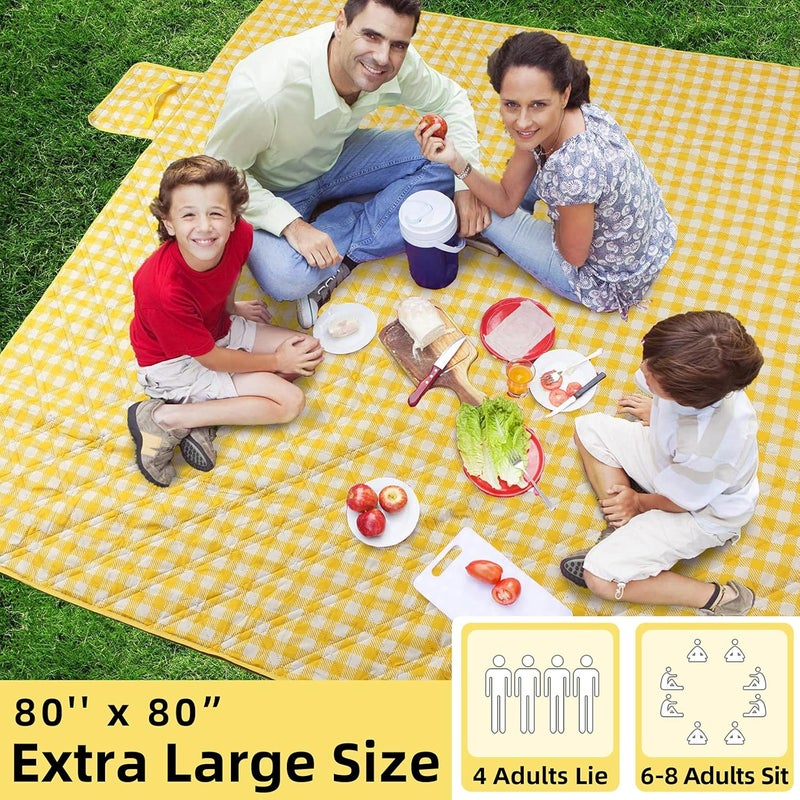 ZAZE Extra Large Picnic Blankets, 80''x80'' Washable Waterproof Foldable Oversized Compact Picnic Mat for Spring Summer Blanket Beach, Camping on Grass (Yellow and White) - Image 2